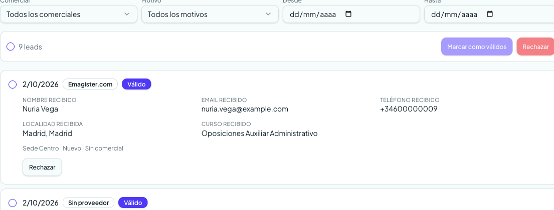 Leads de proveedor con estado válido o no válido y su motivo